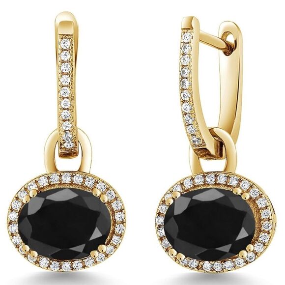 18K Yellow Gold 925 with 5.92 Cttw Black Sapphire Oval Dangling Drop Earrings